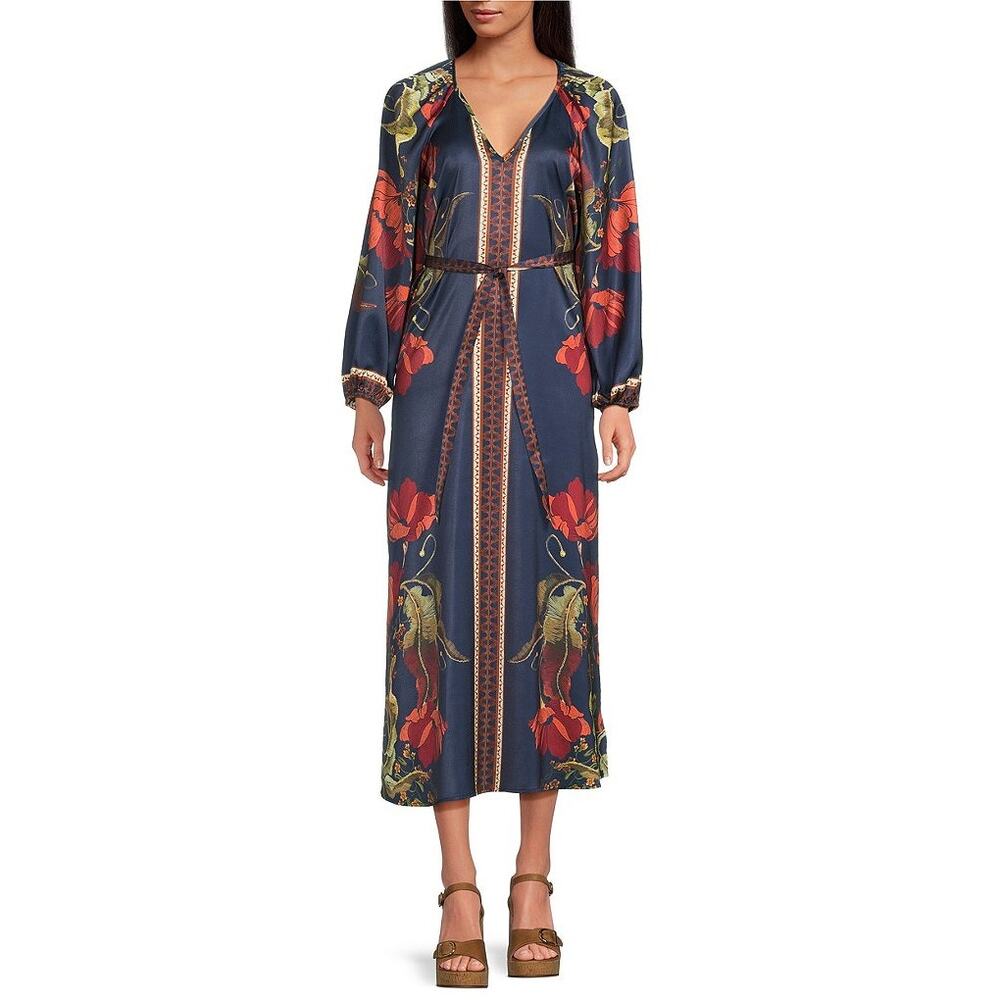 NWT Chelsea & Violet Chloe Print Floral Crew Neck Long belted Maxi Dress size 6